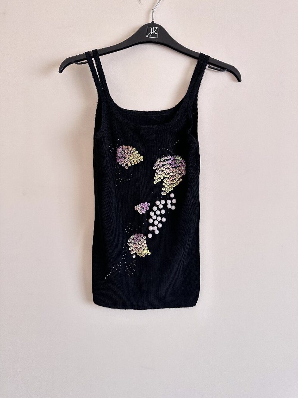 Black Tank Top with Sequins and Pearl Details